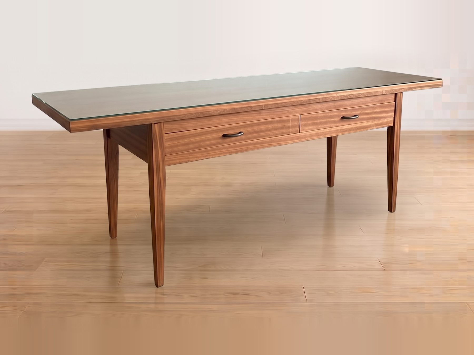 A Sapele convertible console table with a glass top, shown closed