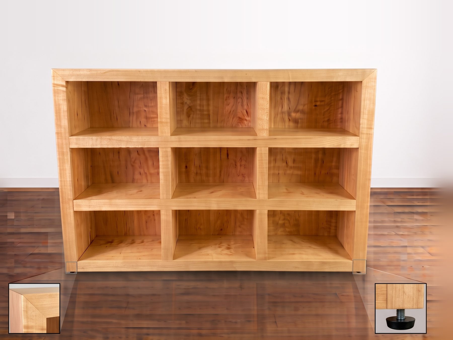 A nine-opening solid Hard Maple bookcase with mitered corners