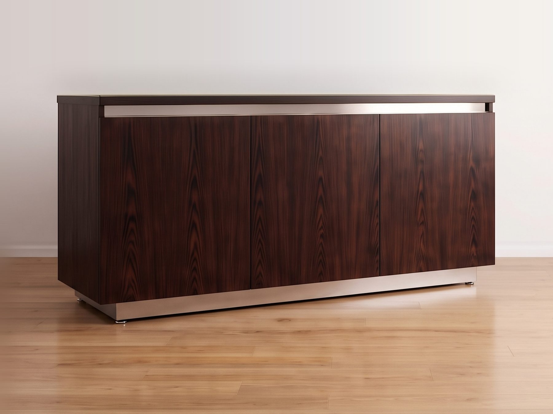 A Wenge and stainless steel buffet and storage chest on phenolic wheels